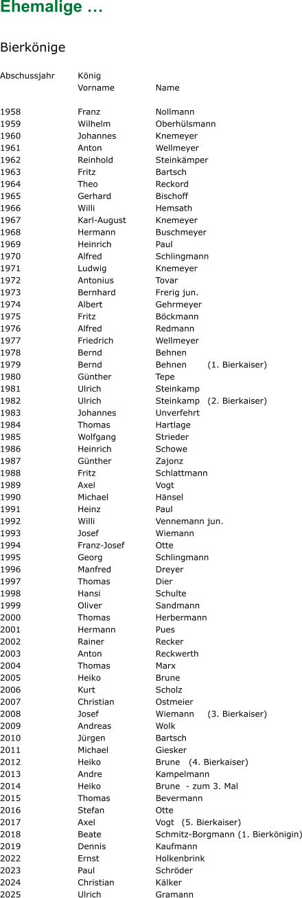 Ehemalige …  Bierkönige  Abschussjahr	König						 	  	  Vorname 	 	Name 		  1958			Franz			Nollmann 1959			Wilhelm		Oberhülsmann 1960			Johannes		Knemeyer 1961			Anton			Wellmeyer 1962			Reinhold		Steinkämper 1963			Fritz			Bartsch 1964			Theo			Reckord 1965			Gerhard		Bischoff 1966			Willi			Hemsath 1967			Karl-August		Knemeyer 1968			Hermann		Buschmeyer 1969			Heinrich		Paul 1970			Alfred			Schlingmann	 1971			Ludwig		Knemeyer 1972			Antonius		Tovar 1973			Bernhard		Frerig jun. 1974			Albert			Gehrmeyer 1975			Fritz			Böckmann 1976			Alfred			Redmann 1977			Friedrich		Wellmeyer 1978			Bernd			Behnen 1979			Bernd			Behnen	(1. Bierkaiser) 1980			Günther		Tepe 1981			Ulrich			Steinkamp 1982			Ulrich			Steinkamp	(2. Bierkaiser) 1983			Johannes		Unverfehrt 1984			Thomas		Hartlage 1985			Wolfgang		Strieder 1986			Heinrich		Schowe 1987			Günther		Zajonz	 1988			Fritz			Schlattmann 1989			Axel			Vogt 1990			Michael		Hänsel 1991			Heinz			Paul 1992			Willi			Vennemann jun. 1993			Josef			Wiemann 1994			Franz-Josef		Otte 1995			Georg			Schlingmann 1996			Manfred		Dreyer 1997			Thomas		Dier 1998			Hansi			Schulte 1999			Oliver			Sandmann	 2000			Thomas		Herbermann 2001			Hermann		Pues 2002			Rainer		Recker 2003			Anton			Reckwerth 2004			Thomas		Marx 2005			Heiko			Brune 2006			Kurt			Scholz 2007			Christian		Ostmeier 2008			Josef			Wiemann	(3. Bierkaiser) 2009			Andreas		Wolk 2010			Jürgen		Bartsch 2011			Michael		Giesker 2012      		Heiko           	Brune   (4. Bierkaiser) 2013      		Andre           	Kampelmann 2014      		Heiko           	Brune  - zum 3. Mal 2015     		Thomas	         Bevermann 2016			Stefan		Otte 2017			Axel			Vogt	(5. Bierkaiser) 2018			Beate			Schmitz-Borgmann (1. Bierkönigin) 2019			Dennis		Kaufmann 2022			Ernst 			Holkenbrink 2023			Paul			Schröder 2024			Christian		Kälker 2025			Ulrich 		Gramann